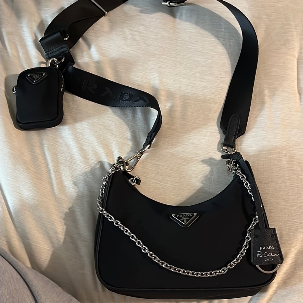Prada Black Nylon Shoulder Bag with Chain